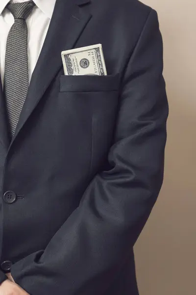 Detail Businessman Suit Bunch Hundred Dollars Banknotes His Jacket Pocket — Stock Photo, Image