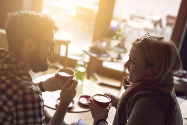 Young Couple Love Sitting Cafe Drinking Coffee Having Conversation Enjoying — Stock Photo, Image