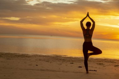 Sahilde yoga yapan aktif genç bir kadın, elinde ağaç pozu ya da Vrikshasana, yoga pozisyonunu dengeliyor ve suda güzel bir gün doğumunun tadını çıkarıyor.
