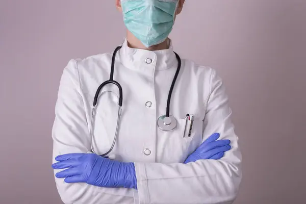 Detail Nurse Uniform Wearing Medical Protective Gloves Face Protection Mask — Stock Photo, Image