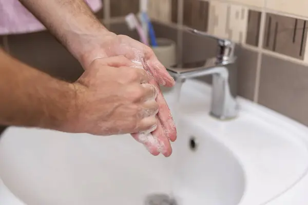 Lavarsi Disinfettarsi Mani Con Acqua Calda Sapone Come Parte Dei — Foto Stock