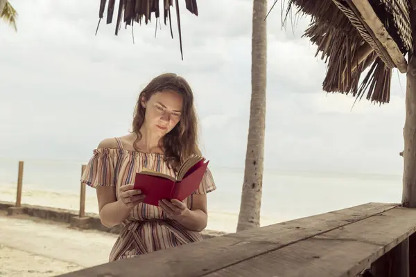 エキゾチックな熱帯ビーチバーカウンターに立って 本を読み 休暇中に海の上に美しい夕日を楽しむ若い女性 — ストック写真