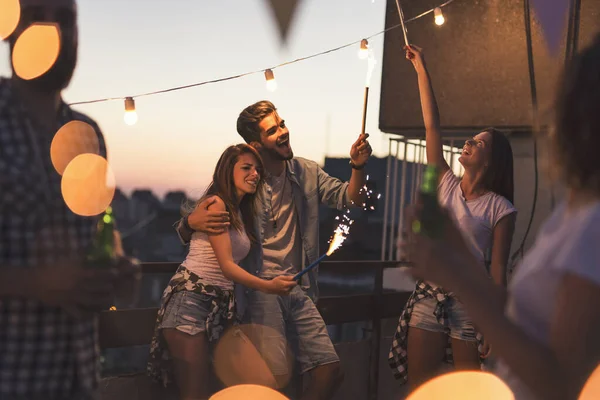 Group Young Friends Having Fun Rooftop Party Singing Dancing Waving — Stock Photo, Image