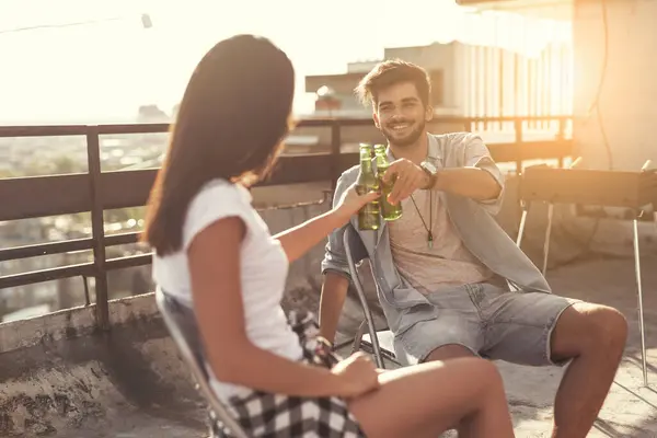 Cheerful Young Couple Having Fun Rooftop Barbecue Party — Stock Photo, Image