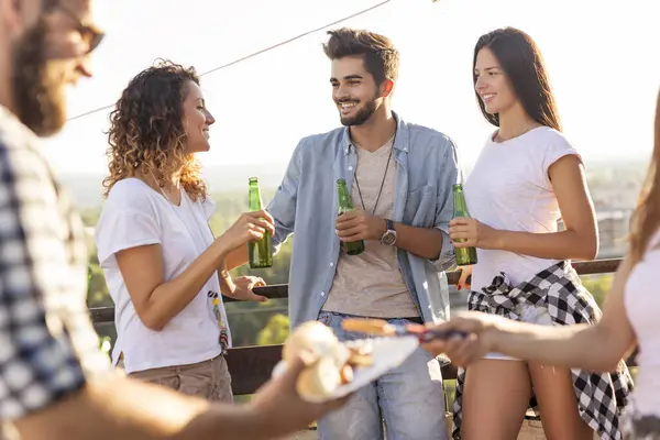 Group Young Friends Having Fun Rooftop Party Drinking Beer Eating — Stock Photo, Image
