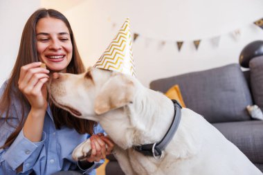 Güzel genç bir kadın köpeğine doğum günü partisi hazırlıyor, parti şapkası takıyor ve ona hediyeler veriyor.