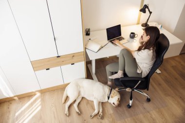 Yüksek açılı bir bakış açısıyla, genç bir kadının evde köpeği yanında yatarken bilgisayarını kullanması ve telefonla konuşması.