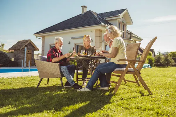 Group of cheerful elderly friends having an outdoor lunch in the backyard by the swimming pool, gathered around the table, eating, drinking and having a pleasant conversation