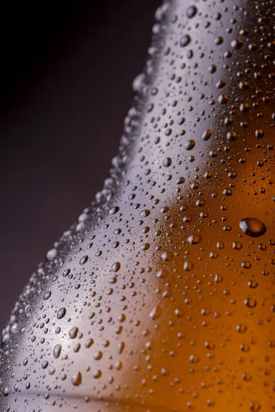 Macro Image Cold Wet Beer Bottle Dew Condensate Water Droplets — Stock Photo, Image