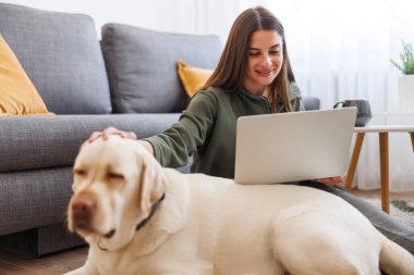 Evinde bilgisayarla uzaktan çalışırken köpeğine sarılan güzel bir genç kadın. Evcil hayvanıyla evde çalışan serbest çalışan bir kadın.