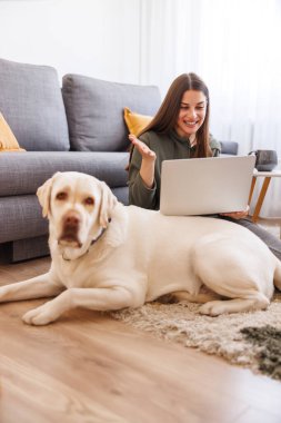 Evinden uzakta çalışan güzel bir genç kadın yanında köpeğiyle birlikte dizüstü bilgisayar kullanarak online bir toplantı yapıyor.