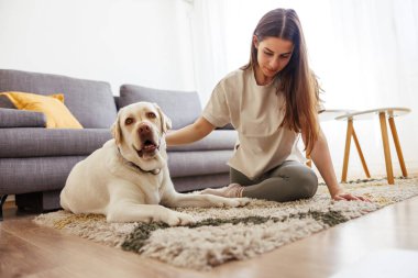 Spor giyim sektöründe aktif genç bir kadın yanında evcil köpeğiyle yoga yapıyor.