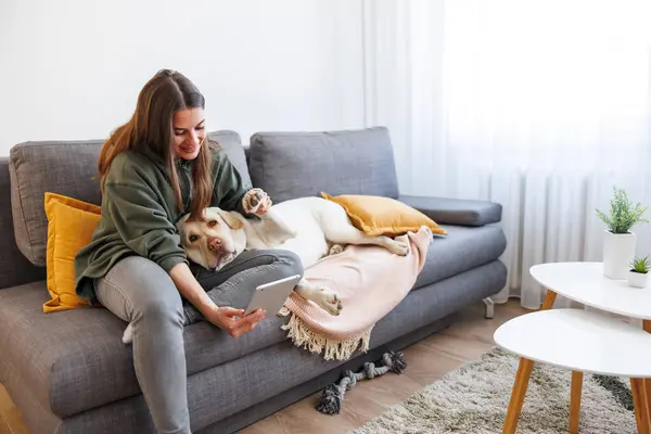 漂亮的年轻女人一边和她的狗在一起玩 一边放松和享受家里的闲暇时光 — 图库照片