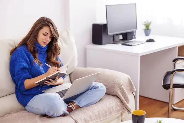 Woman sitting on living room sofa, holding laptop computer in her lap and writing in a planner while having online meeting or morning briefing at work