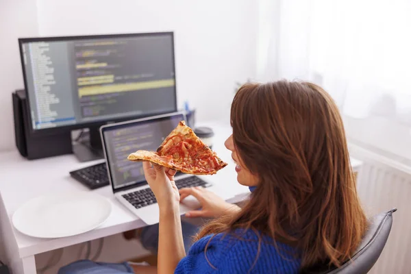 Ofisteki Masasında Oturan Kadın Programcı Evden Kahve Içip Pizza Yerken - Stok İmaj