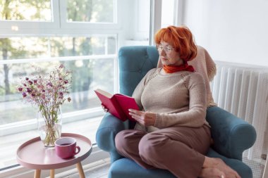 Güzel bir son sınıf öğrencisi pencere kenarında oturmuş kitap okuyor ve evde dinleniyor.
