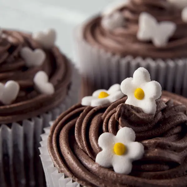 Meerdere Chocolade Mooi Versierde Muffins Een Houten Achtergrond — Stockfoto