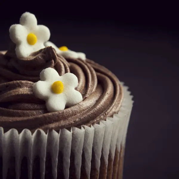 Primo Piano Cupcake Cioccolato Ben Decorato Isolato Sfondo Nero — Foto Stock