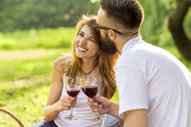 Birbirine aşık çiftler parkta bir piknik battaniyesinde oturmuş ellerinde şarap kadehleriyle kadeh kaldırıyorlar.