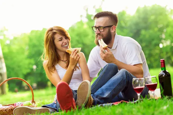 Couple Love Sitting Picnic Plaid Park Eating Sandwiches Drinking Wine — Stock Photo, Image