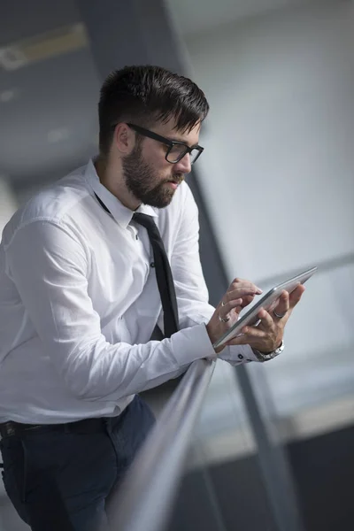 Successful Businessman Standing Office Building Holding Tablet Computer Preparing Meeting — Stock Photo, Image