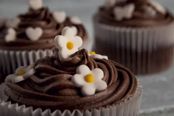 Meerdere Chocolade Mooi Versierde Muffins Een Houten Achtergrond — Stockfoto