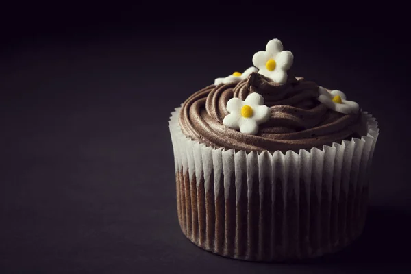 Close Van Een Mooi Versierde Chocolade Cupcake Geïsoleerd Zwarte Achtergrond — Stockfoto