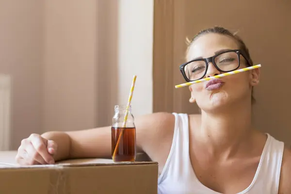 Woman Glasses Straw Sticking Out Her Mouth — Stock Photo, Image
