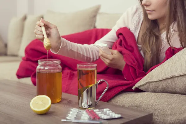 Sick Woman Lying Bed High Fever Flu Putting Some Honey — Stock Photo, Image