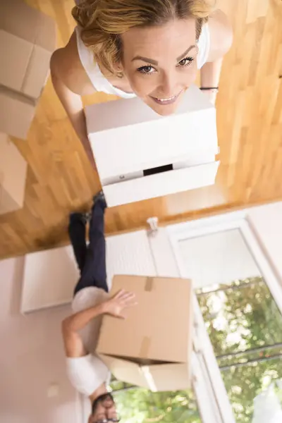 Young Couple Love Carrying Cardboard Boxes Moving New Apartment Top — Stock Photo, Image
