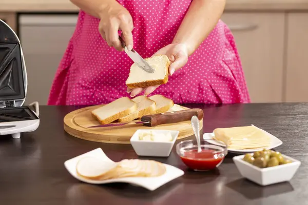 Detail Female Hands Spreading Butter Bread Slice Woman Making Hot — Stock Photo, Image