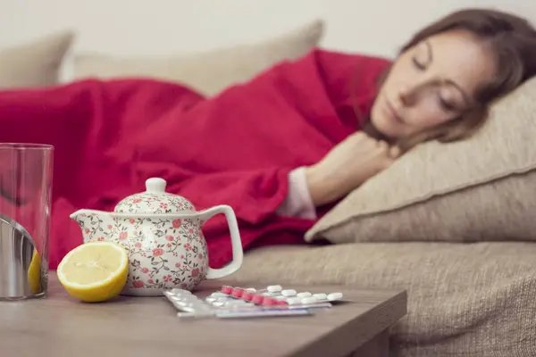 Sick Woman Covered Blanket Lying Bed High Fever Flu Resting — Stock Photo, Image