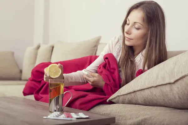 Sick Woman Lying Bed High Fever Flu Squeezing Lemon Juice — Stock Photo, Image