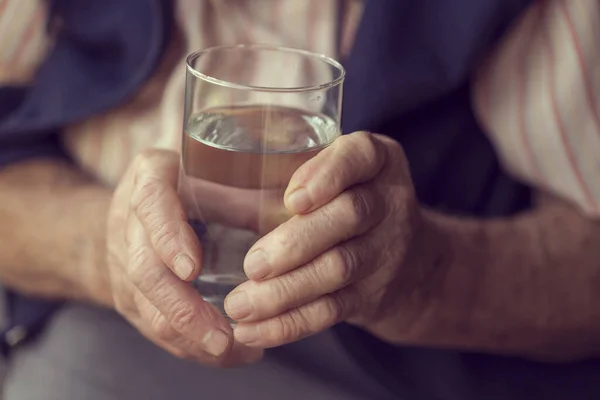 Close Elderly Woman Hands Holding Glass Water — Stock Photo, Image