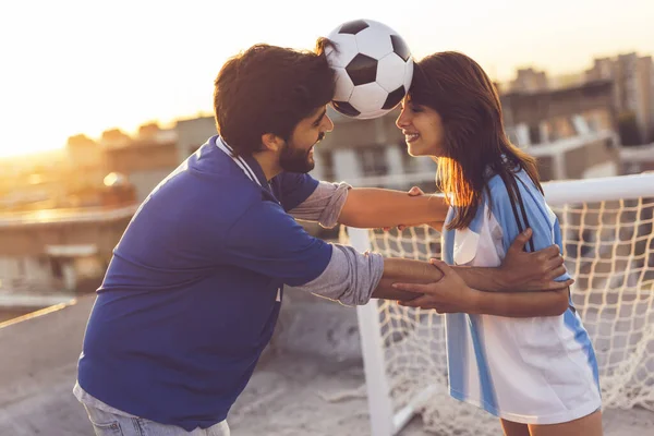 Young Couple Love Having Fun Building Rooftop Playing Football Dancing — Stock Photo, Image