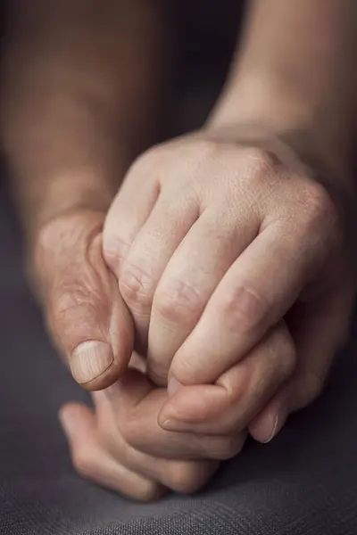 Old Young Person Holding Hands Elderly Care Respect Selective Focus — Foto Stock