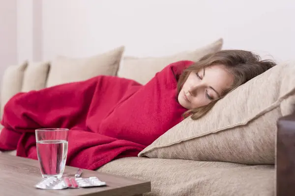 Sick Woman Covered Blanket Lying Bed High Fever Flu Pills — Stock Photo, Image