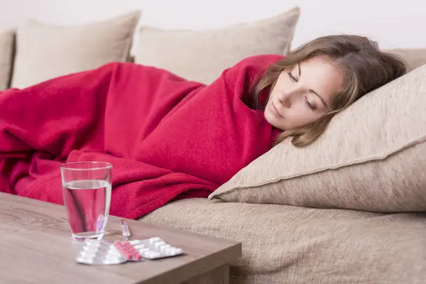 Sick Woman Covered Blanket Lying Bed High Fever Flu Pills — Stock Photo, Image