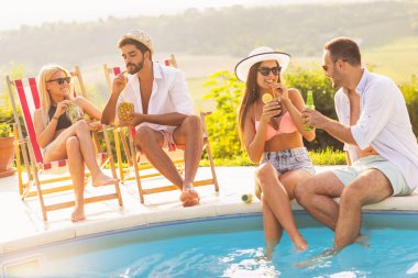 Havuz başında bir yaz partisinde bir grup arkadaş, yüzme havuzunun kenarında oturup, kokteyl ve bira içip eğleniyorlar.