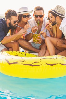 Havuz başında bir yaz partisinde bir grup arkadaş yüzme havuzunun kenarında oturup ananas kokteyli içip eğleniyorlar.