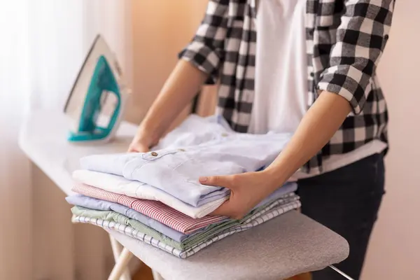 Detail Female Hands Folding Clean Clothes Ironing Board Doing Ironing — Stock Photo, Image