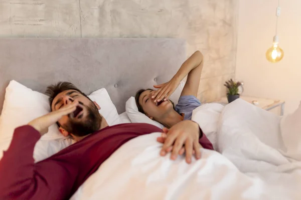 Beautiful Young Couple Love Wearing Pajamas Lying Bed Stretching Yawning — Stock Photo, Image