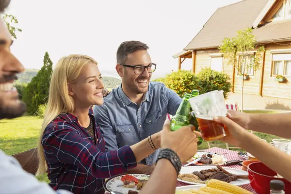 Group Young Friends Having Outdoor Barbecue Lunch Making Toast While — Stock Photo, Image