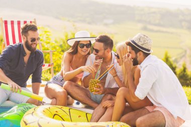 Havuz başında bir yaz partisinde bir grup arkadaş yüzme havuzunun kenarında oturup ananas kokteyli içip eğleniyorlar.