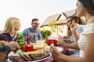 Bir grup genç arkadaş dışarıda barbekü yapıyor, dışarıda öğle yemeği yiyor ve eğleniyorlar.