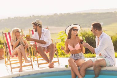 Havuz başında bir yaz partisinde bir grup arkadaş, yüzme havuzunun kenarında oturup, kokteyl ve bira içip eğleniyorlar.