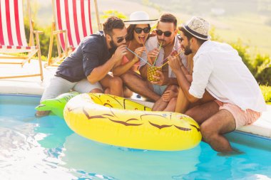 Havuz başında bir yaz partisinde bir grup arkadaş yüzme havuzunun kenarında oturup ananas kokteyli içip eğleniyorlar.