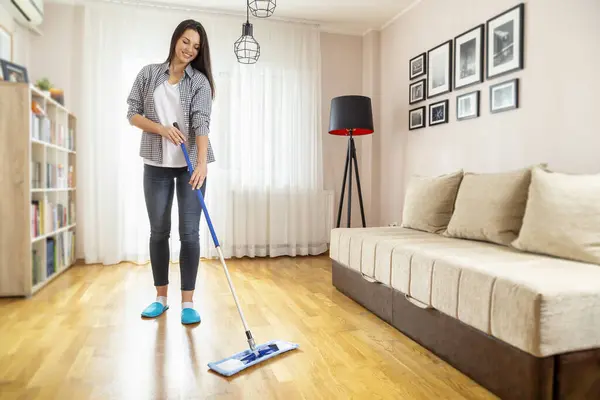 Woman Holding Floor Wiper Wiping Floor Keeping Daily Home Hygiene — Stock Photo, Image
