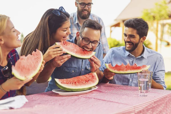 Bir grup arkadaş dışarıda öğle yemeği yiyor, taze karpuz dilimleri yiyor ve eğleniyorlar.