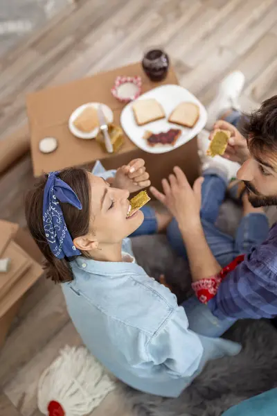 Top View Young Couple Love Sitting Floor Cardboard Boxes Having — Stock Photo, Image